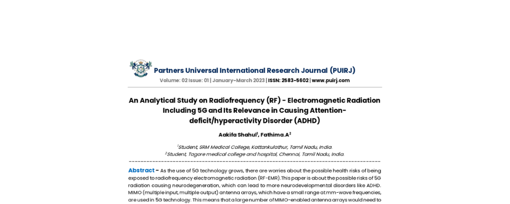 An Analytical Study on Radiofrequency (RF) – Electromagnetic RadiationIncluding 5G and Its Relevance in Causing Attentiondeficit/hyperactivity Disorder (ADHD)