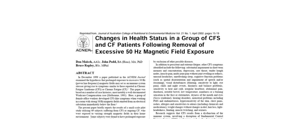 Changes in Health Status in a Group of CFS and CF Patients Following Removal of Excessive 50 Hz Magnetic Field Exposure