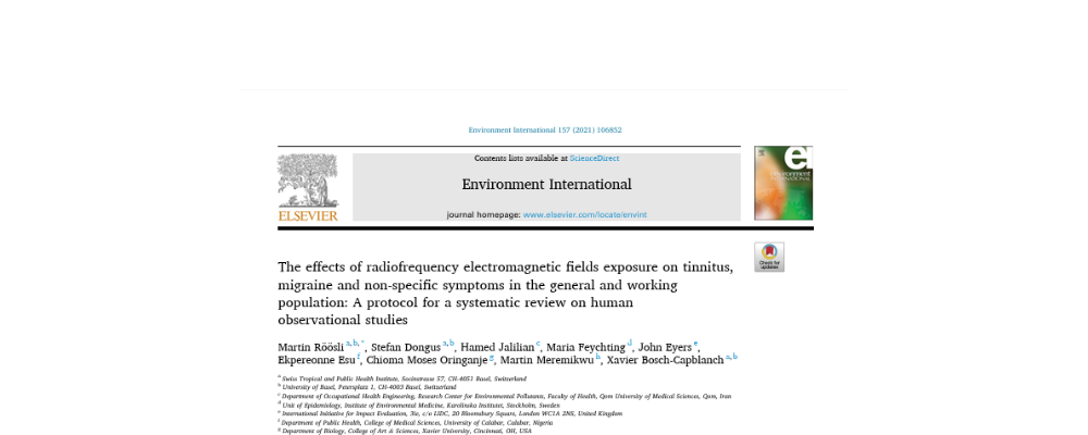 The effects of radiofrequency electromagnetic fields exposure on tinnitus, migraine and non-specific symptoms in the general and working population: A protocol for a systematic review on human observational studies